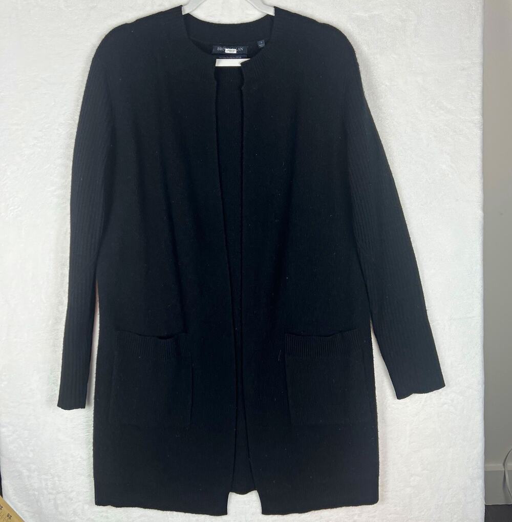Brown Allan S Women’s Black Merino Wool Yak Knit Cardigan Sweater Pockets Sz